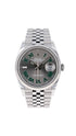 Rolex Datejust 36 stainless steel watch with a slate Wimbledon dial and Jubilee bracelet, showcasing elegant luxury and craftsmanship.