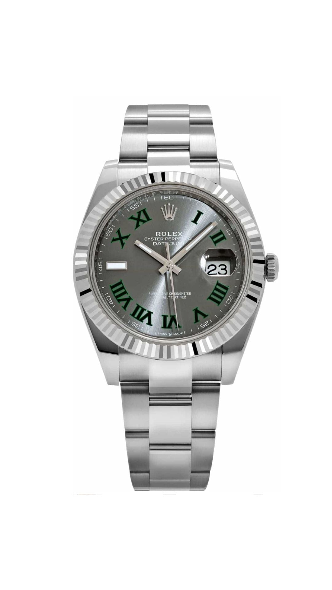 Rolex Datejust 41 stainless steel watch with Wimbledon slate dial and Oyster bracelet, showcasing elegant luxury and precision.